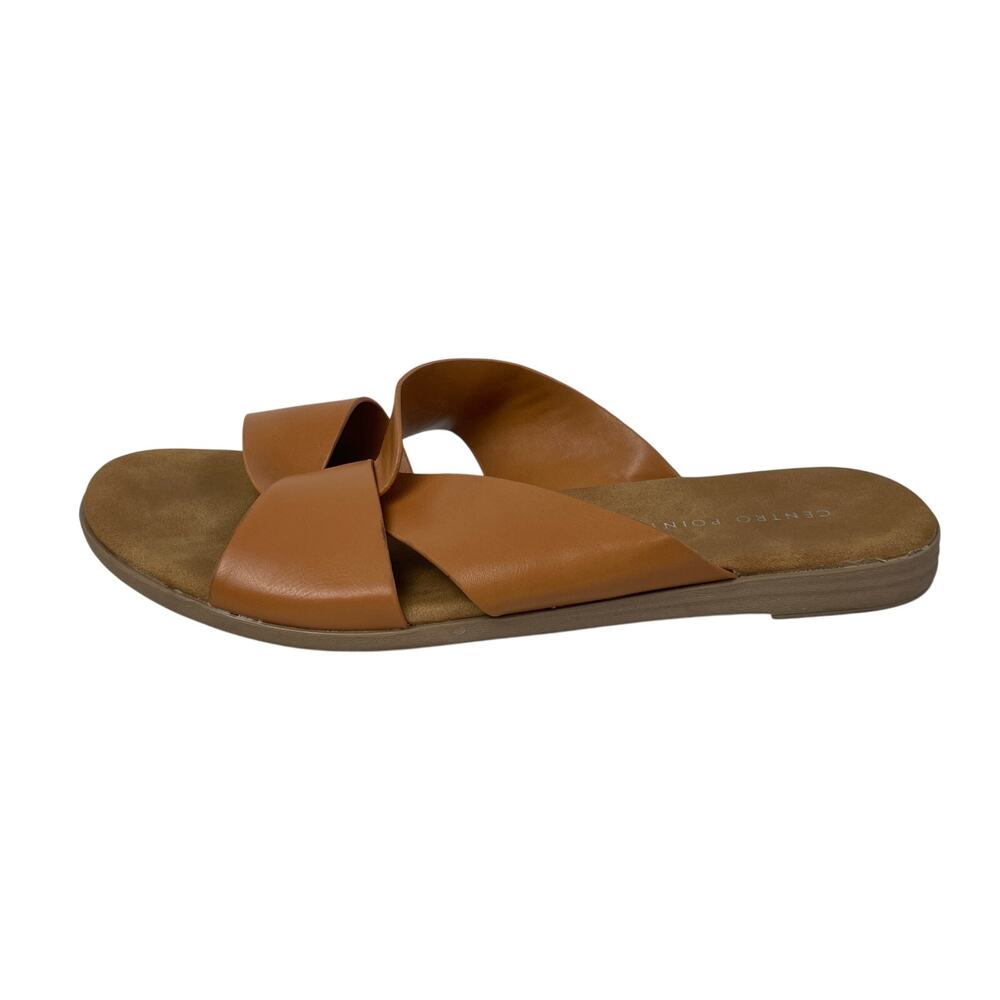 Centro Point Women's Brown Open Toe Slip On Cross Strap Flat Sandals Slides 6.5
